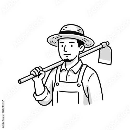 A minimalist line art illustration of a young male farmer wearing a straw hat and overalls, carrying a gardening hoe over his shoulder. Isolated on white background.