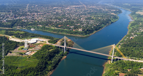 Aerial view of triple border between Argentina, Brazil and Paraguay at Iguazu River and Parana River.