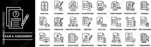 Exam and Assessment outline icon collection set. Containing design exam, examination, assessment, test, quiz