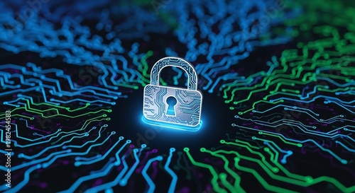 Digital Security Padlock with Circuit Board Lines Glowing in Cyberspace