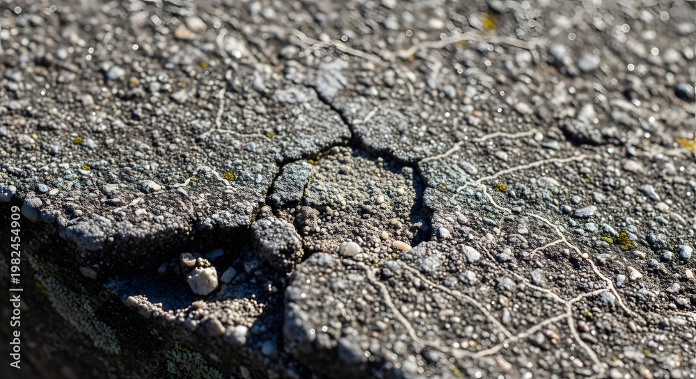 Fototapeta premium Macro shot of cracked concrete surface with pebbles and moss. Weathered pavement texture with deep fissures. Urban decay and aging material background