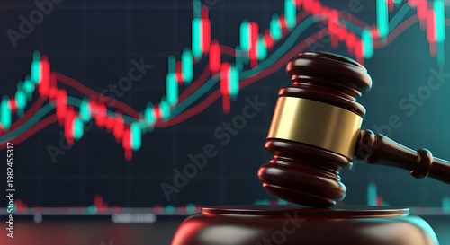 Wooden judge gavel resting on sounding block with stock market financial trading chart background.