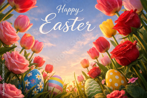 Easter eggs with flower bloom in spring, symbolizing joy, renewal, and hope.