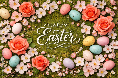 Easter eggs with flower bloom in spring, symbolizing joy, renewal, and hope.
