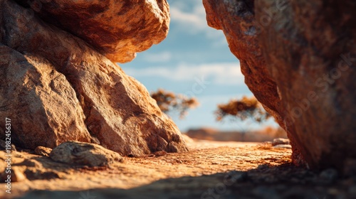 Warm desert landscape featuring natural stone formations and arid vegetation