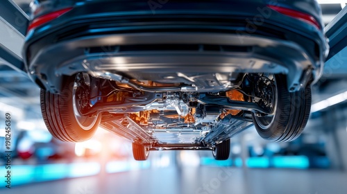 Protective Casing of Car Fuel Tank Shown from Below in Automotive Workshop Space