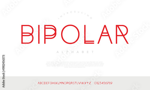 Unique thin line geometric font alphabet with red double strokes for creative minimalist logo and branding
