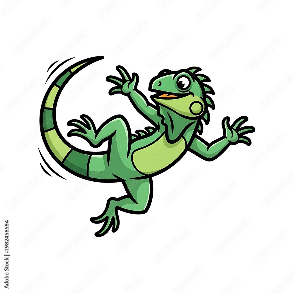 Fototapeta premium Cartoon illustration of a vibrant green iguana jumping happily, its tail curved, on a white background
