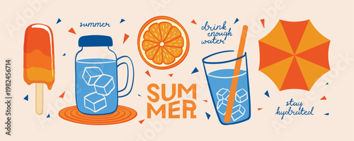 Cute summer elements. Illustration of ice cream, a glass of ice water, orange, umbrella. For sticker or decoration on summertime poster, card, book cover, banner.