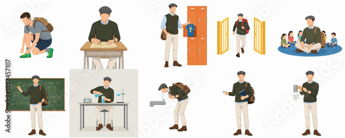 Flat Illustration Set of a Student in Various Poses and Activities