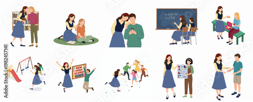 Flat Style Illustration of Parents Teachers and School Activities