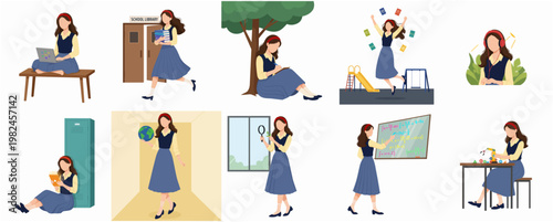Flat Cartoon Style Diverse Activity of Young Woman Illustration Set