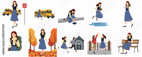 Flat Style Different Activities of Schoolgirl Illustration and Back to School Design