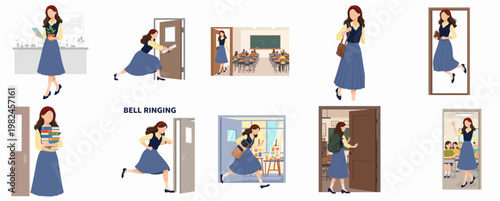 Flat Graphic Illustration of Teacher in Classroom Activities and Poses Set