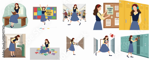 Cartoon Style Illustration Young Woman Activity at School Set Illustration