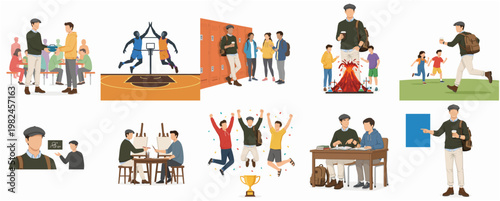 Flat Illustration of Diverse Students in Various Educational and Extracurricular Activities