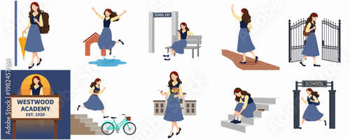 Flat Style Daily Activity of a Student at School Illustration Set