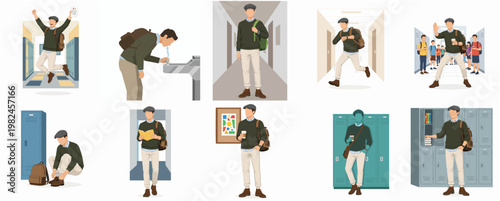 Flat Illustration Set of High School Student in Various Poses in School