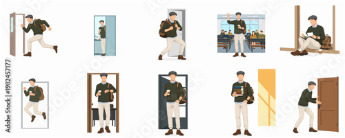Flat Illustration Set of Young Man Various Poses near the Door
