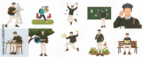 Flat Illustration Set of College Student Activity in Different Poses