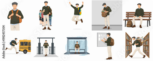 Diverse Flat Illustration Set of a Young Student in Various Activities