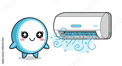 Cute Cartoon Character Enjoying Cool Air From Air Conditioner