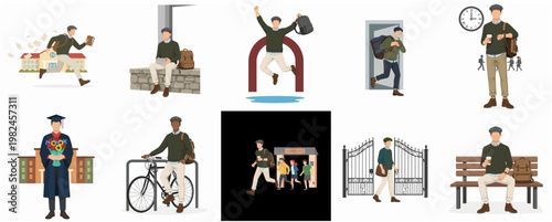 Flat Illustration College Student Life Set with Various Activities