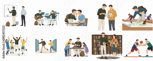 Flat Illustration Various Activities of Student Lifestyle Back to School Concept