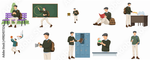 Flat Style Diverse Student Activity Scene Illustration Set in School
