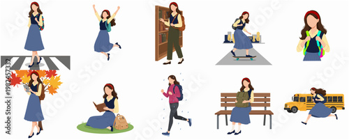 Flat Illustration Set Various Activity of Student Girl in Daily Life Scene