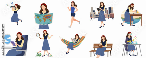 Flat Style Minimalist Girl Lifestyle Activities Illustration Various Scene