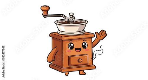 Cute cartoon coffee grinder waving hello, vintage kitchen appliance character