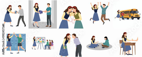 Colorful Flat School Life Illustration Set with Various Student Activities and Scenes