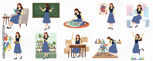 Flat Illustration Teacher Doing Various Activities in the Classroom Character Design