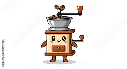 Cute cartoon coffee grinder with happy face and coffee beans