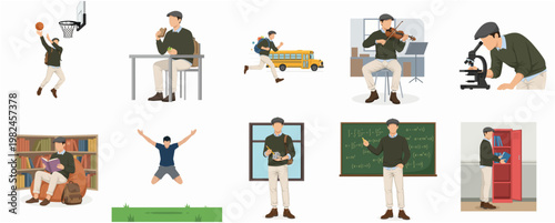 Flat Graphic Illustration Set of Student in Various Activity at School