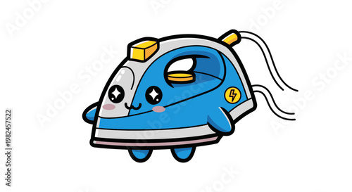 Cute Cartoon Iron Character with Kawaii Face, Vector Illustration