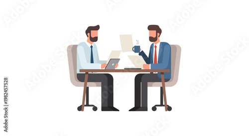 Two professional businessmen sit opposite each other at a desk, reviewing paperwork and using technology during a productive office meeting.
