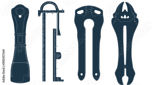 Four dark blue abstract objects, possibly tools, against a white backdrop, each with unique shapes