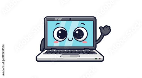 Cute Cartoon Laptop Character Waving Hello