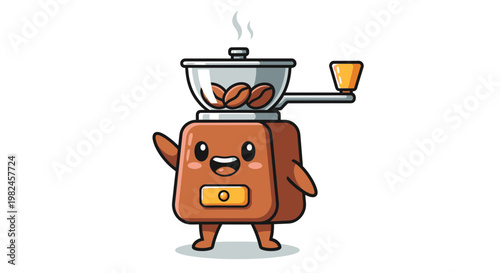 Cute Coffee Grinder Character Waving Hello with Coffee Beans