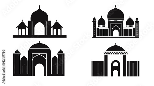 Silhouetted illustrations of iconic Mughal architectural structures, each with domes and distinctive shapes