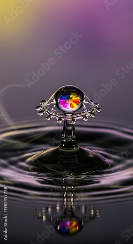Artistic capture of water droplets creating a dynamic, mirrored reflection with a burst of color within one. Subtle gradient backdrop
