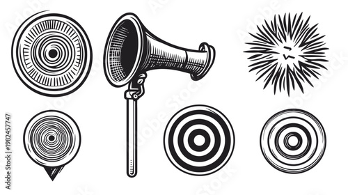 Vintage-style illustration in black and white featuring a megaphone and geometric abstract shapes