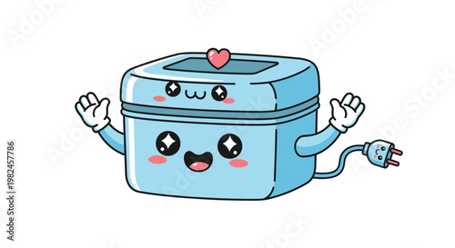 Cute Kawaii Cartoon Blue Washing Machine with Heart and Plug