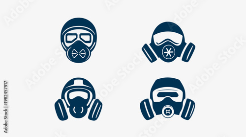 Four stylized illustrations of gas masks against a white background, in dark blue