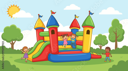 Happy children jumping in a colorful bounce house vector illustration. Inflatable bouncy castle playground with fun slide in a sunny green park for outdoor birthday party event.