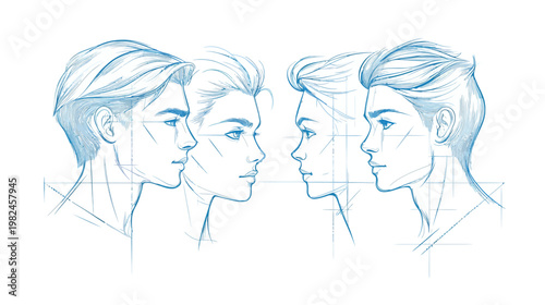 Stylized sketch featuring four side profiles of human faces, blue hues, and construction lines