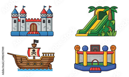 Pirate ship, tropical jungle slide, basketball arena, and castle bounce house vector collection. Colorful inflatable jumping playground equipment for kids amusement park party.