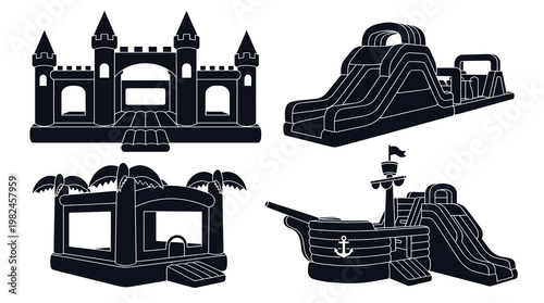 Pirate Ship Tropical Island and Castle Bounce House Vector Silhouettes. Large Inflatable Obstacle Course Slide and Jumping Playground Equipment for Children Amusement Park Event.